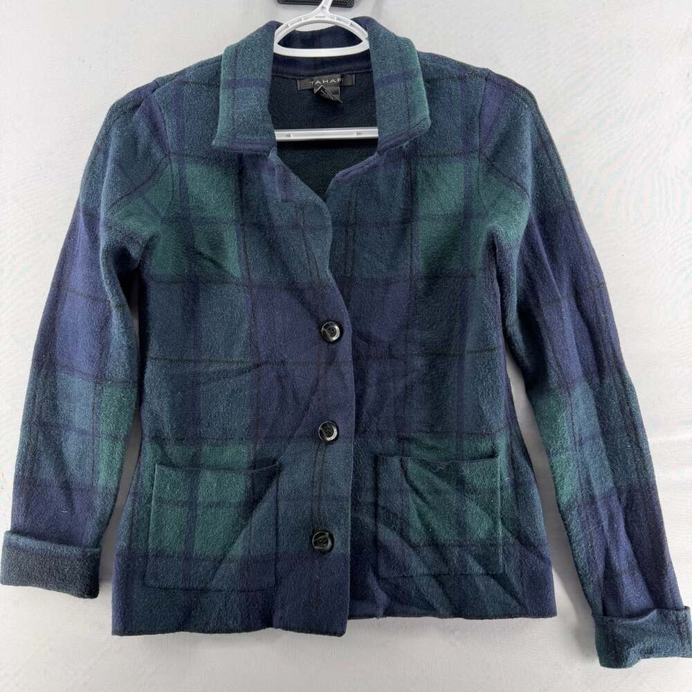 1615 Tahari Plaid Blazer Jacket Size XS Blue Green Wool Blend Open Front